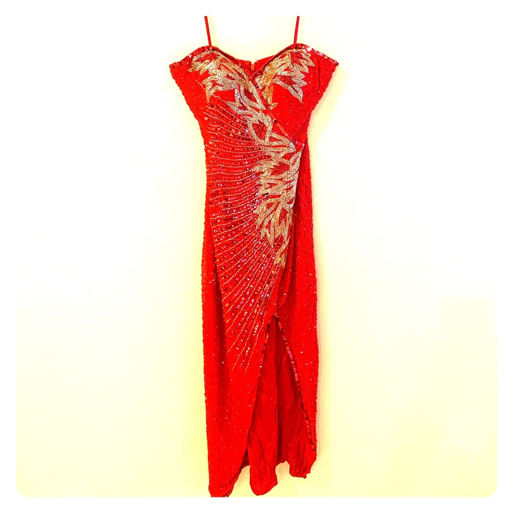 Strapless Full Length Red & Gold Sequin Gown sz 6